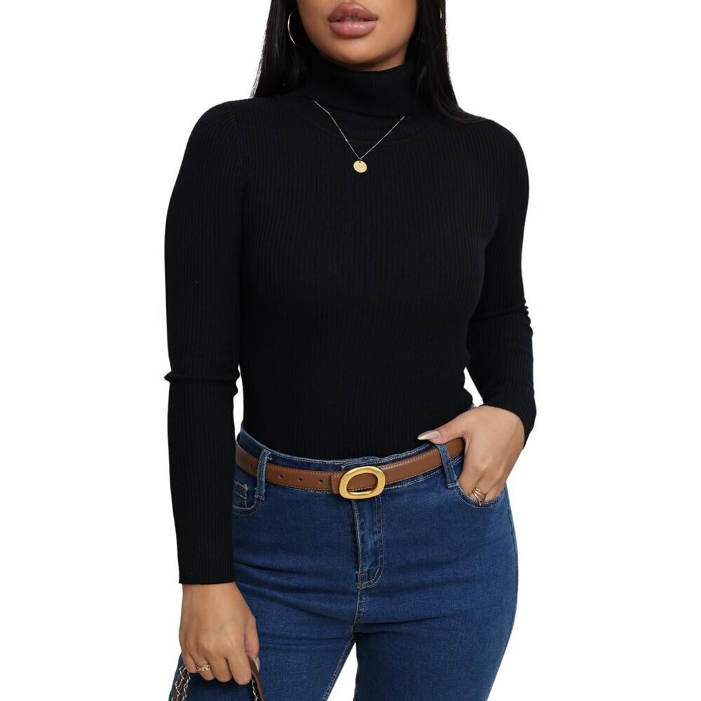 Women’s Ribbed Turtleneck Sweater Black Fitted Knit Cozy Fall Layering